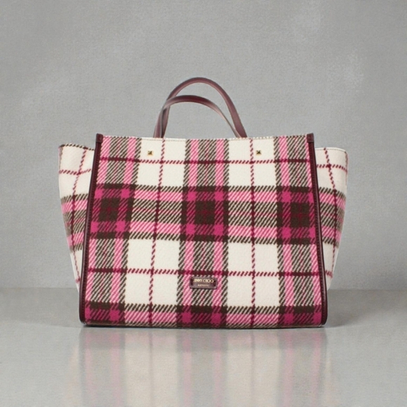 🔥Jimmy Choo Varenne Tote  in Burgundy Check Plaid Wool Logo Embroidery - Picture 3 of 10